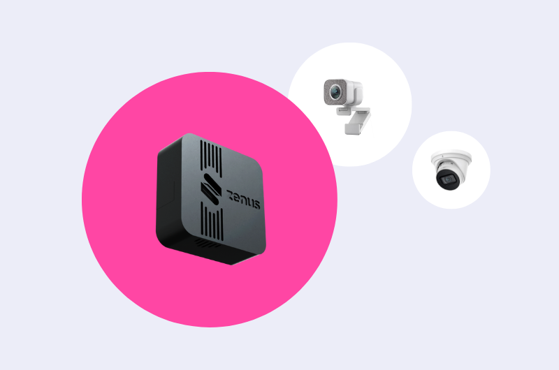 A graphic shows both the Zenus AI box and two cameras that can either be used for attendee tracking or facial analysis.